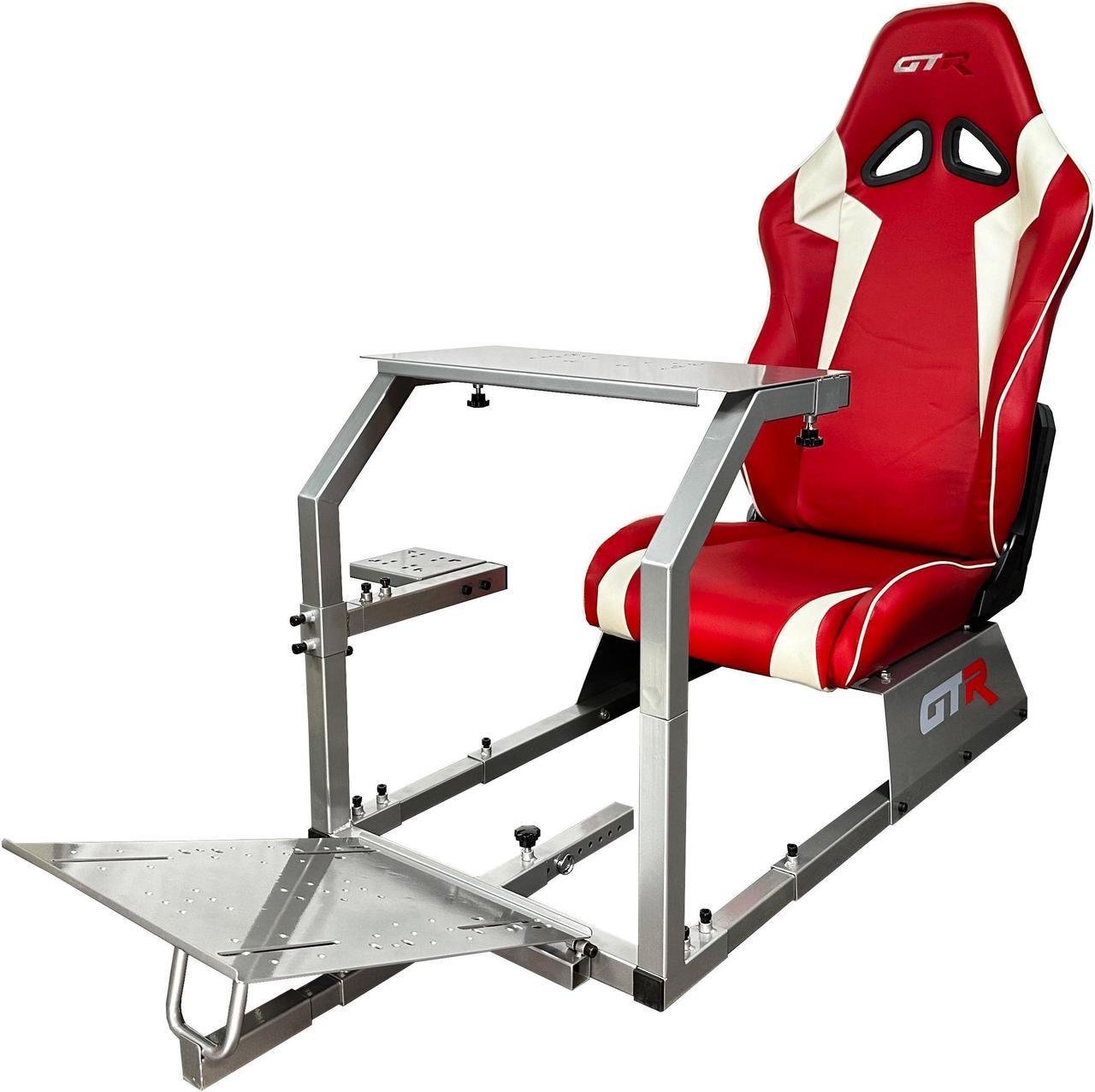 GTR Simulator GTA Model Silver Frame with Red/White Real Racing Seat, Racing Driving Gaming Simulator Cockpit Gaming Chair with Gear Shifter Mount