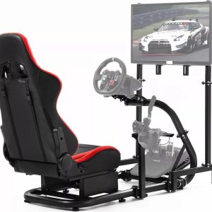 Minneer Racing Simulator Cockpit with Red Seat and TV Stand Fit for Logitech/Thrustmaster/Fanatec G29/G920/T248 Racing Wheel Stand(Wheel, Pedal, Handbrake Not Included)