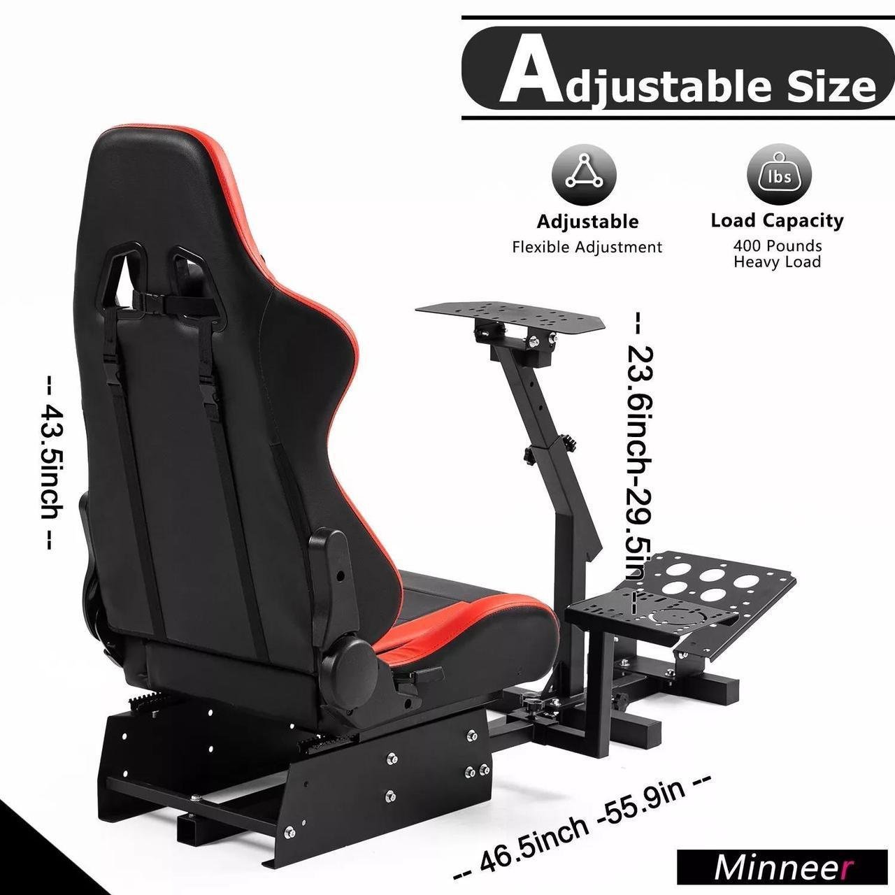Minneer Adjustable Racing Simulator Cockpit Frame with Red Seat Fit for Logitech G25, G27, G29, G920, G923 Thrustmaster T248 TX T300RS GT, Wheel, Pedals, and Shifter Not Include