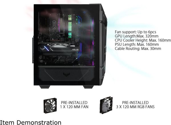 ASUS TUF Gaming GT301 Mid-Tower Compact Case for ATX Motherboards with Honeycomb Front Panel, 3 x 120mm AURA Addressable RBG Fans, Headphone Hanger, and 360mm Radiator Support, 2 x USB 3.2 Gen1 (USB 3.0) Prots - Image 3