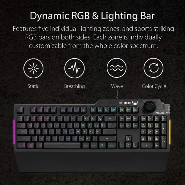 ASUS Membrane Gaming Keyboard for PC - TUF K1 | Programmable, Onboard Memory | Dedicated Volume Knob, Aura Sync RGB & Side Lighting | Detachable Wrist Rest | Spill-Resistant | Highly Durable | Black - Image 5