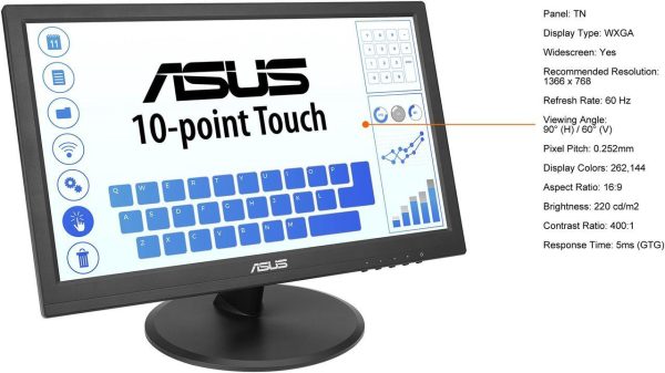 ASUS 15.6" Touch Monitor (VT168HR) - WXGA (1366 x 768), 10-point Touchscreen, Flicker free, Low Blue Light, Eye Care, VESA Mountable, VGA, HDMI, Tilt - Image 9