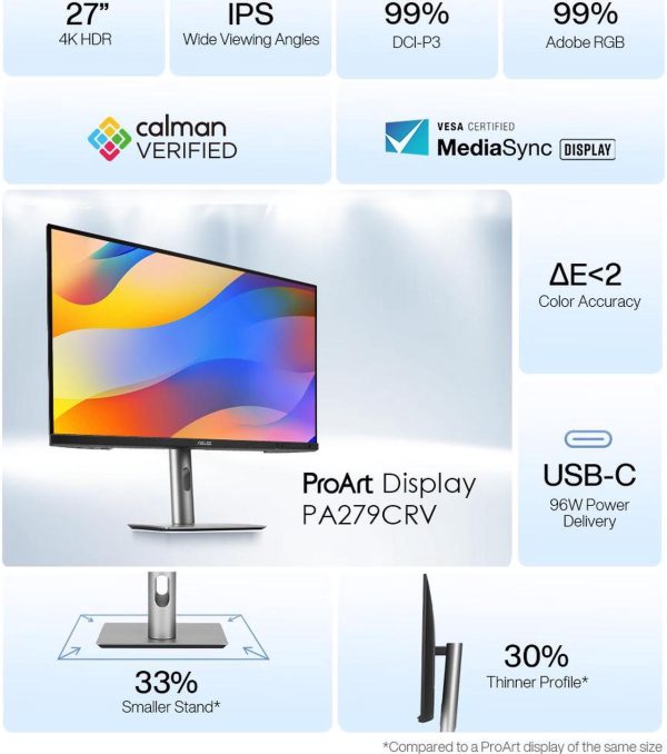 ASUS ProArt Display 27" 4K HDR Professional Monitor (PA279CRV) - IPS, UHD (3840 x 2160), 99% DCI-P3/Adobe RGB, Delta E < 2, Calman Verified, USB-C PD 96W, DisplayPort, Daisy-Chain, Height Adjustable - Image 17