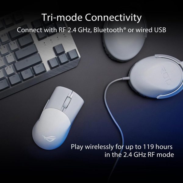 Asus ROG Keris Wireless AimPoint Gaming Mouse, Tri-mode connectivity (2.4GHz RF, Bluetooth, Wired), 36000 DPI sensor, 5 programmable buttons, ROG SpeedNova, Replaceable switches, Paracord cable, White - Image 5