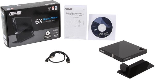 ASUS USB 2.0 External Blu-Ray 6X Writer with BDXL Support MacOS Compatible Model SBW-06D2X-U/BLK/G/AS
