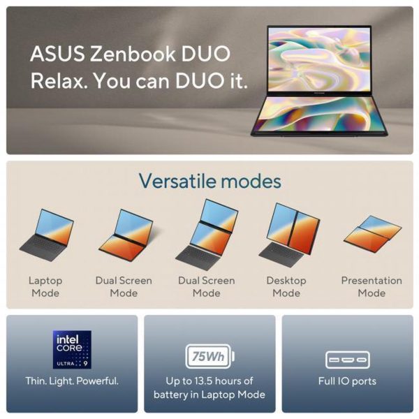 ASUS Zenbook DUO Dual 14" OLED 3K 120Hz Touchscreen Laptop Intel Core Ultra 9 285H 32GB RAM 1TB SSD Inkwell Gray - Image 4