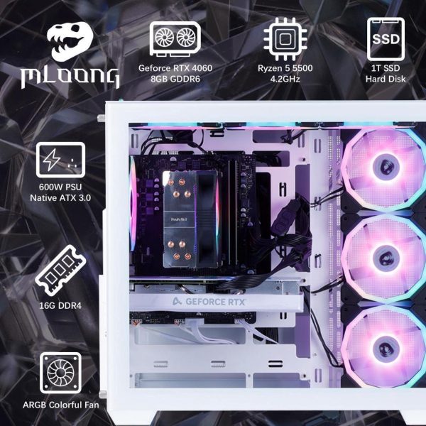 MLOONG Gaming PC, AMD Ryzen 5 5500 4.2 GHz, GeForce RTX 4060 8GB Desktop Computer, 1TB NVMe SSD, 16GB DDR4 3200MHz, Air Cooled Prebuilt, 650W PSU, Windows 11 Home & AI powered Gamer PC. White - Image 6