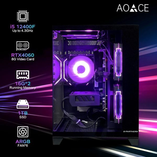 AOACE Gaming PC Desktop INTEL Core i5 12400F 2.5 GHz, NVIDIA RTX 4060 8G DLSS 3, 32GB DDR4 RAM 3200MHz,1TB NVMe PCIe4.0, Wi-Fi6E, Game Design Office console,Sea View Room,Windows 11 Home 64-bitv - Image 3