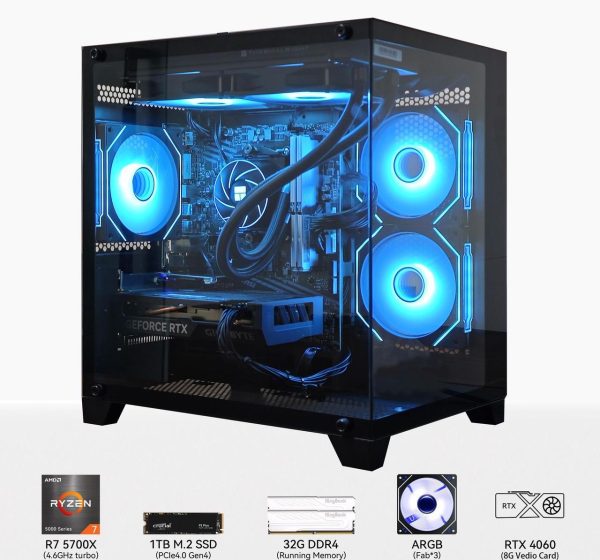 YAWYORE Gaming PC Desktop computer, Ryzen 7 5700X,RTX 4060 ,32GB DDR4 RAM and 1TB M.2 NVMe SSD ,WiFi6E+BT5.3, 240 Liquid Cooler , ARGB Fans ,Game Design Office,Sea View Room,Windows 11 Tower Prebuilt - Image 2