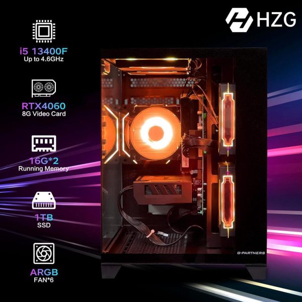 HZG Gaming Desktop Computer PC,Intel Core I5-13400F,GeForce RTX 4060, 32GB RAM and 1TB NVMe M.2 SSD, WiFi6E, ARGB Fan, Prebuilt Gaming PC Tower Intel Core i5-13400F - Image 4