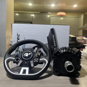 sim racing setup from Fanatec, including the CSL Elite Pedals V2, a wheel base, and a steering wheel.