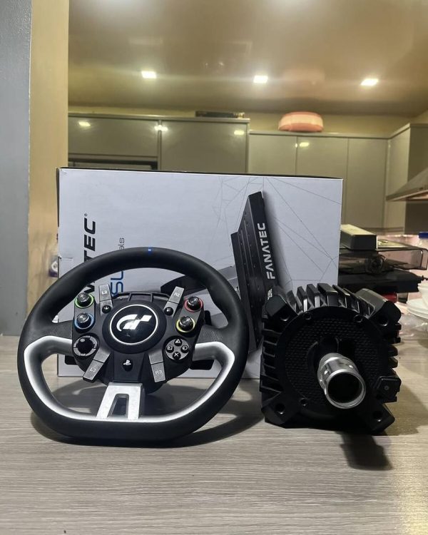 sim racing setup from Fanatec, including the CSL Elite Pedals V2, a wheel base, and a steering wheel.