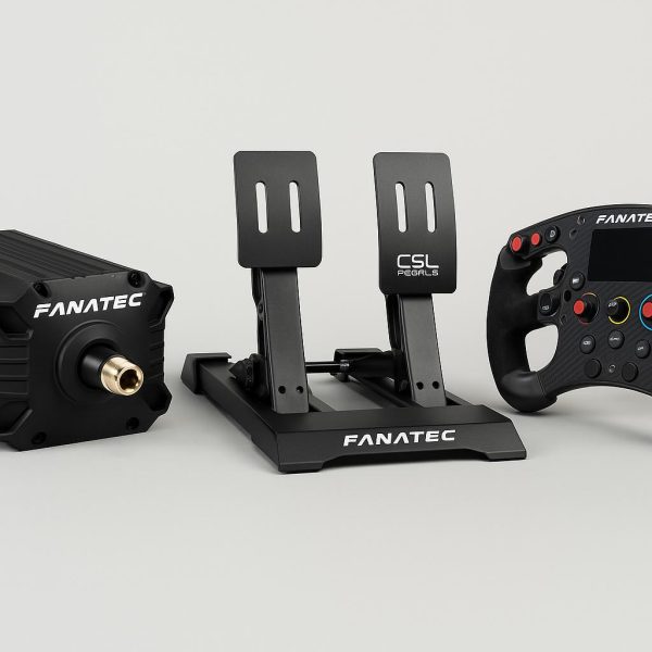 sim racing setup from Fanatec, including the CSL Elite Pedals V2, a wheel base, and a steering wheel. - Image 2