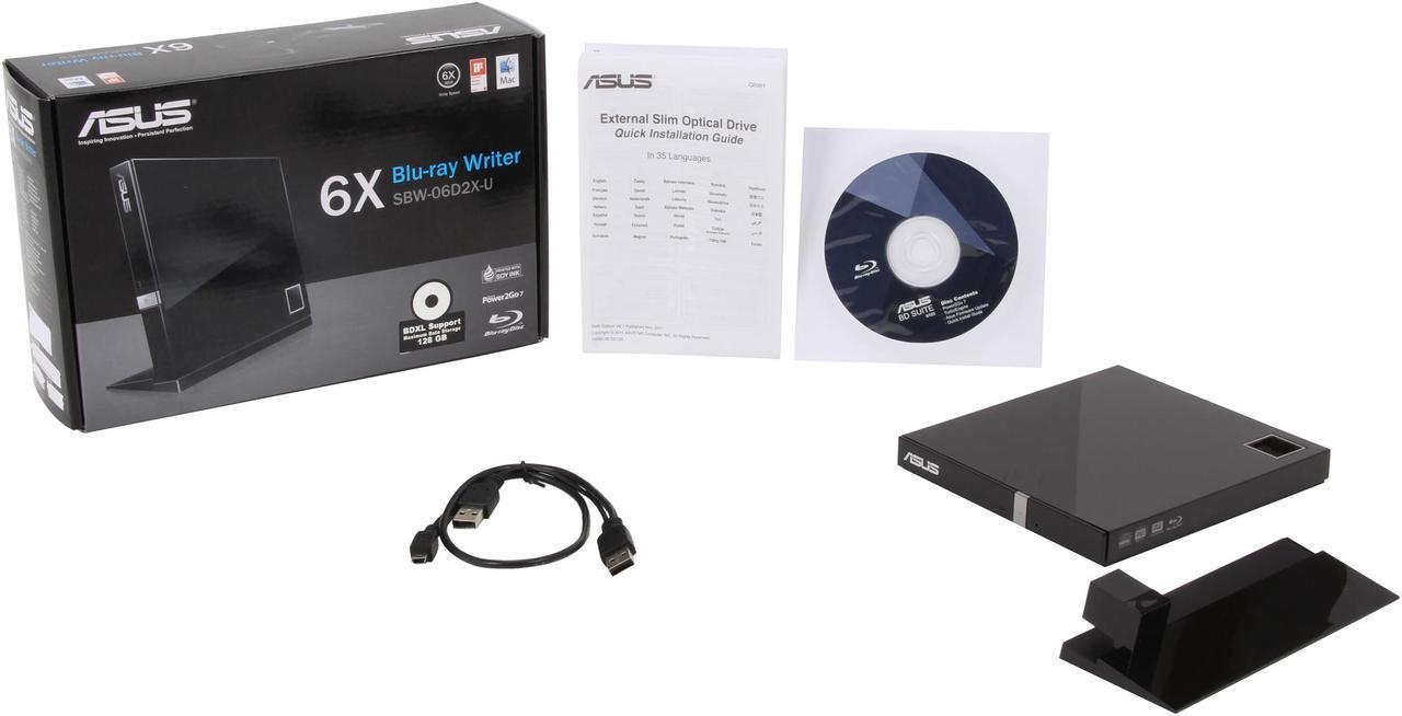 ASUS USB 2.0 External Blu-Ray 6X Writer with BDXL Support MacOS Compatible Model SBW-06D2X-U/BLK/G/AS